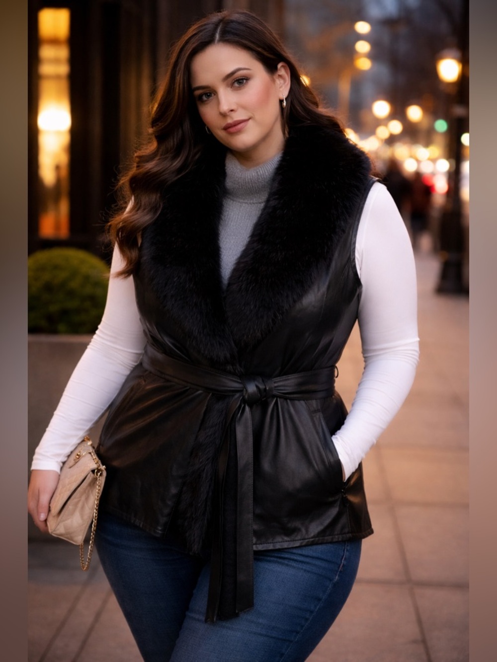 Black Faux Fur Vest Streetwear Adjustable Straps Plus Size 4XL Cozy Winter Layer